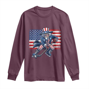 Uncle Sam Hockey Player 4th of July American Flag Long Sleeve Shirt TS14 Maroon Print Your Wear