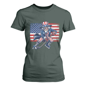 Uncle Sam Hockey Player 4th of July American Flag T Shirt For Women TS14 Dark Forest Green Print Your Wear