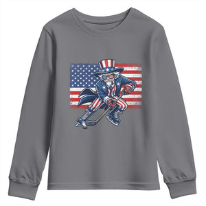Uncle Sam Hockey Player 4th of July American Flag Youth Sweatshirt TS14 Charcoal Print Your Wear