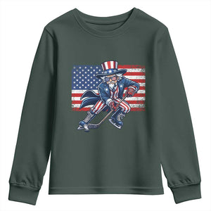 Uncle Sam Hockey Player 4th of July American Flag Youth Sweatshirt TS14 Dark Forest Green Print Your Wear