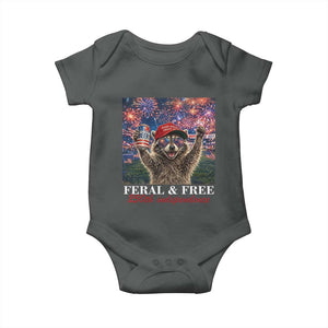 USA 250 Years Freedom Baby Onesie Feral and Free Funny Raccoon Driking Beer 4th of July TS14 Dark Heather Print Your Wear