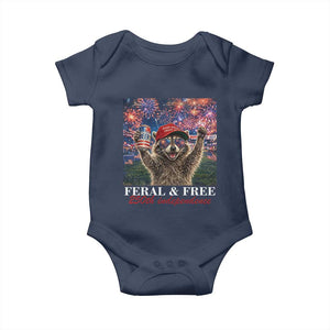 USA 250 Years Freedom Baby Onesie Feral and Free Funny Raccoon Driking Beer 4th of July TS14 Navy Print Your Wear