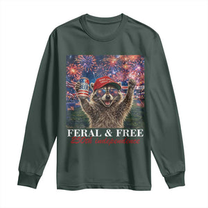 USA 250 Years Freedom Long Sleeve Shirt Feral and Free Funny Raccoon Driking Beer 4th of July TS14 Dark Forest Green Print Your Wear