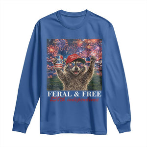 USA 250 Years Freedom Long Sleeve Shirt Feral and Free Funny Raccoon Driking Beer 4th of July TS14 Royal Blue Print Your Wear