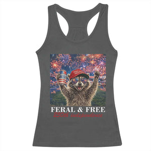USA 250 Years Freedom Racerback Tank Top Feral and Free Funny Raccoon Driking Beer 4th of July TS14 Dark Heather Print Your Wear