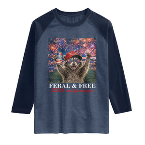 USA 250 Years Freedom Raglan Shirt Feral and Free Funny Raccoon Driking Beer 4th of July TS14 Heather Denim Navy Print Your Wear
