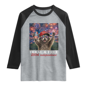 USA 250 Years Freedom Raglan Shirt Feral and Free Funny Raccoon Driking Beer 4th of July TS14 Heather Gray Black Print Your Wear