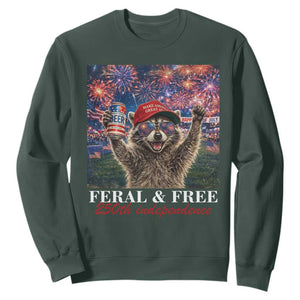 USA 250 Years Freedom Sweatshirt Feral and Free Funny Raccoon Driking Beer 4th of July TS14 Dark Forest Green Print Your Wear