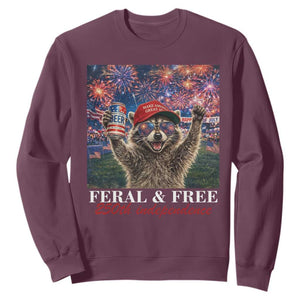 USA 250 Years Freedom Sweatshirt Feral and Free Funny Raccoon Driking Beer 4th of July TS14 Maroon Print Your Wear