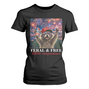 USA 250 Years Freedom T Shirt For Women Feral and Free Funny Raccoon Driking Beer 4th of July TS14 Black Print Your Wear
