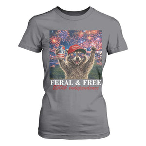 USA 250 Years Freedom T Shirt For Women Feral and Free Funny Raccoon Driking Beer 4th of July TS14 Charcoal Print Your Wear
