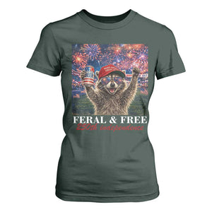 USA 250 Years Freedom T Shirt For Women Feral and Free Funny Raccoon Driking Beer 4th of July TS14 Dark Forest Green Print Your Wear
