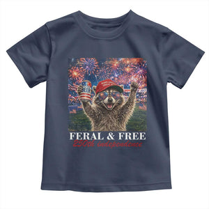 USA 250 Years Freedom Toddler T Shirt Feral and Free Funny Raccoon Driking Beer 4th of July TS14 Navy Print Your Wear