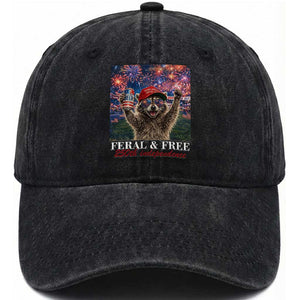 USA 250 Years Freedom Washed Cotton Baseball Cap Feral and Free Funny Raccoon Driking Beer 4th of July TS14 Print Your Wear