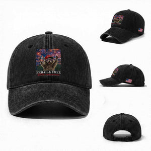 USA 250 Years Freedom Washed Cotton Baseball Cap Feral and Free Funny Raccoon Driking Beer 4th of July TS14 Washed Cap Universal Fit Black Print Your Wear