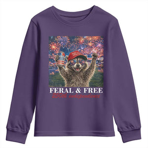 USA 250 Years Freedom Youth Sweatshirt Feral and Free Funny Raccoon Driking Beer 4th of July TS14 Purple Print Your Wear