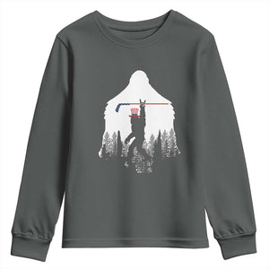 Bigfoot USA Ice Hockey 4th of July Youth Sweatshirt Funny Sasquatch Patriotic American Flag TS14 Dark Heather Print Your Wear