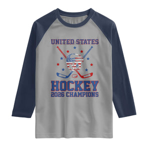 Hockey Champions 2026 Raglan Shirt Patriotic Ice Hockey Fan TS14 Sport Gray Navy Print Your Wear