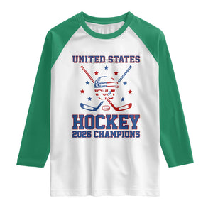 Hockey Champions 2026 Raglan Shirt Patriotic Ice Hockey Fan TS14 White Kelly Green Print Your Wear