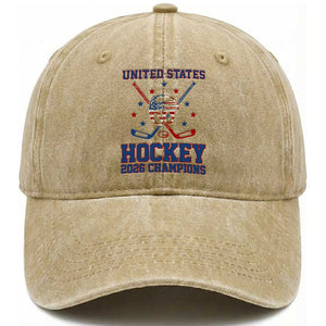 Hockey Champions 2026 Washed Cotton Baseball Cap Patriotic Ice Hockey Fan TS14 Print Your Wear