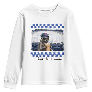 Hockey Mom Raccoon Iced Coffee Youth Sweatshirt I Live Here Now TS14 White Print Your Wear