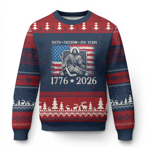 250 Years Faith and Freedom Christian Ugly Christmas Sweater Jesus Hockey Player 4th of July American Flag TS14 Navy Red Print Your Wear