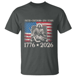 250 Years Faith and Freedom Christian T Shirt Jesus Hockey Player 4th of July American Flag TS14 Dark Heather Print Your Wear