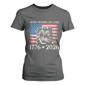 250 Years Faith and Freedom Christian T Shirt For Women Jesus Hockey Player 4th of July American Flag TS14 Dark Heather Print Your Wear