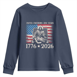 250 Years Faith and Freedom Christian Youth Sweatshirt Jesus Hockey Player 4th of July American Flag TS14 Navy Print Your Wear