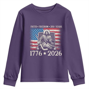 250 Years Faith and Freedom Christian Youth Sweatshirt Jesus Hockey Player 4th of July American Flag TS14 Purple Print Your Wear