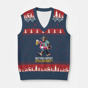Mid-Year Report Still Naughty V-Neck Knit Sweater Vest Funny Bigfoot Drinking Beer Christmas in July