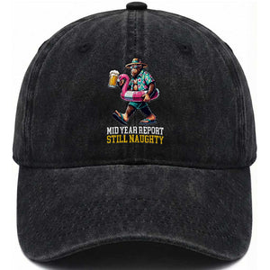 Mid-Year Report Still Naughty Washed Cotton Baseball Cap Funny Bigfoot Drinking Beer Christmas in July