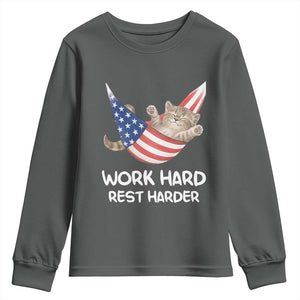 Funny Lazy Cat Youth Sweatshirt Work Hard Rest Harder Cute Kitty Humor TS14 Dark Heather Print Your Wear