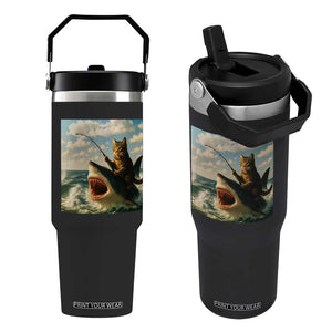 Funny Cat Riding Shark Flip Straw Tumbler Fishing Fisherman Ocean Lover Humor TS14 One Size: 30 oz Black Print Your Wear