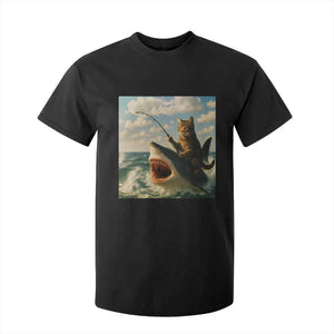 Funny Cat Riding Shark T Shirt For Kid Fishing Fisherman Ocean Lover Humor TS14 Black Print Your Wear