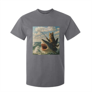Funny Cat Riding Shark T Shirt For Kid Fishing Fisherman Ocean Lover Humor TS14 Charcoal Print Your Wear