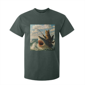 Funny Cat Riding Shark T Shirt For Kid Fishing Fisherman Ocean Lover Humor TS14 Dark Forest Green Print Your Wear