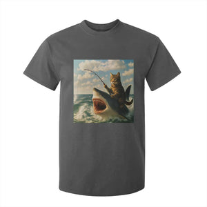 Funny Cat Riding Shark T Shirt For Kid Fishing Fisherman Ocean Lover Humor TS14 Dark Heather Print Your Wear