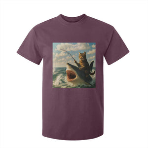 Funny Cat Riding Shark T Shirt For Kid Fishing Fisherman Ocean Lover Humor TS14 Maroon Print Your Wear