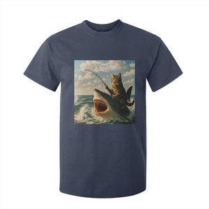 Funny Cat Riding Shark T Shirt For Kid Fishing Fisherman Ocean Lover Humor TS14 Navy Print Your Wear
