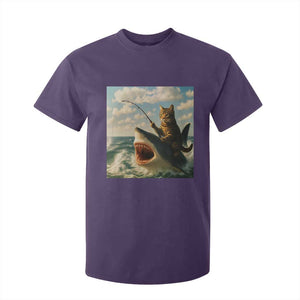 Funny Cat Riding Shark T Shirt For Kid Fishing Fisherman Ocean Lover Humor TS14 Purple Print Your Wear