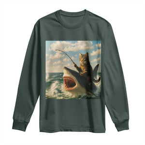 Funny Cat Riding Shark Long Sleeve Shirt Fishing Fisherman Ocean Lover Humor TS14 Dark Forest Green Print Your Wear