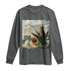 Funny Cat Riding Shark Long Sleeve Shirt Fishing Fisherman Ocean Lover Humor TS14 Dark Heather Print Your Wear