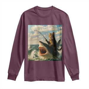 Funny Cat Riding Shark Long Sleeve Shirt Fishing Fisherman Ocean Lover Humor TS14 Maroon Print Your Wear