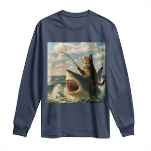 Funny Cat Riding Shark Long Sleeve Shirt Fishing Fisherman Ocean Lover Humor TS14 Navy Print Your Wear