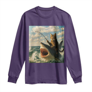 Funny Cat Riding Shark Long Sleeve Shirt Fishing Fisherman Ocean Lover Humor TS14 Purple Print Your Wear