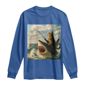 Funny Cat Riding Shark Long Sleeve Shirt Fishing Fisherman Ocean Lover Humor TS14 Royal Blue Print Your Wear