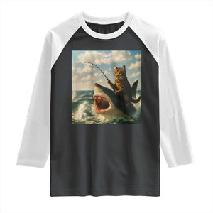 Funny Cat Riding Shark Raglan Shirt Fishing Fisherman Ocean Lover Humor TS14 Black White Print Your Wear