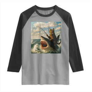 Funny Cat Riding Shark Raglan Shirt Fishing Fisherman Ocean Lover Humor TS14 Sport Gray Black Print Your Wear
