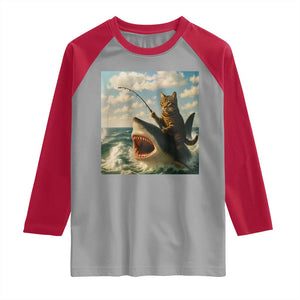 Funny Cat Riding Shark Raglan Shirt Fishing Fisherman Ocean Lover Humor TS14 Sport Gray Red Print Your Wear